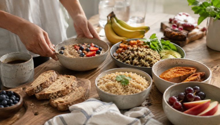 Healthy carbohydrate foods including oats, wholegrain bread, quinoa, brown rice, sweet potato, fruit and berries prepared in a balanced meal.