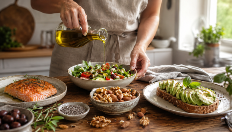 Healthy fats including avocado, salmon, olive oil, nuts and seeds prepared in a balanced meal.