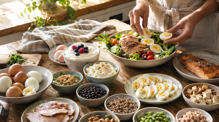 Protein-rich foods including eggs, grilled chicken, salmon, Greek yogurt, cottage cheese, beans, lentils, tofu and nuts prepared as part of a healthy balanced meal.